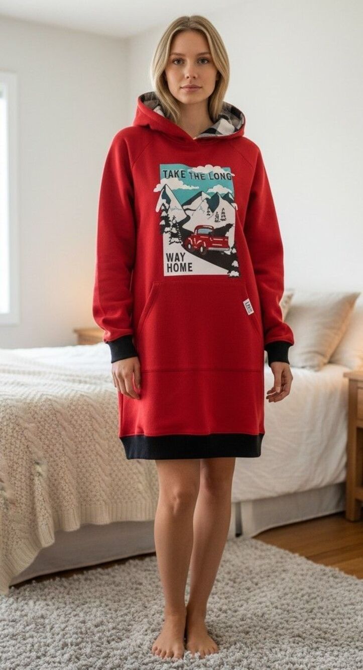 Lazy One Sleep Hoodie Red w/ LONG WAY HOME Graphic Womens Size S/M